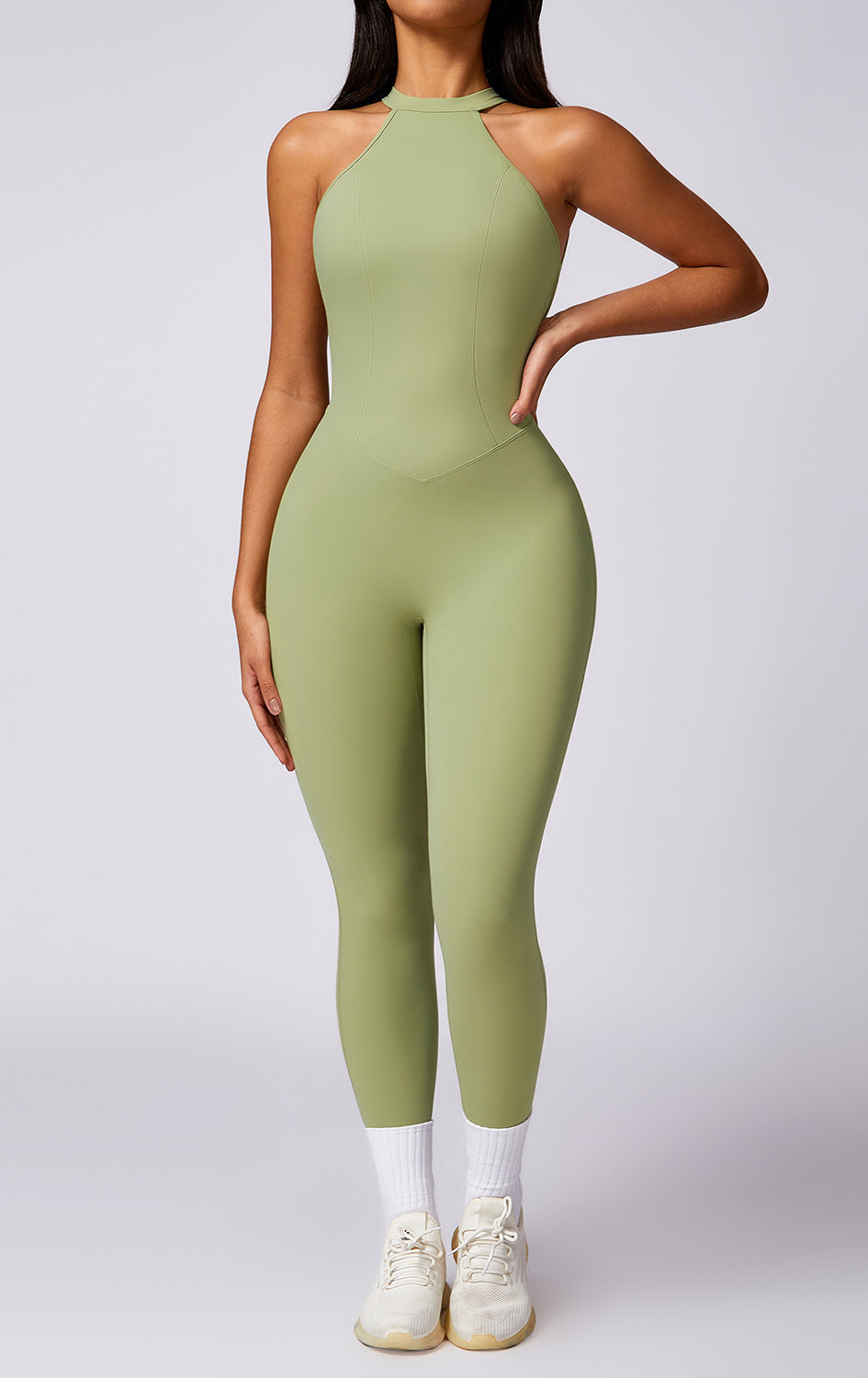 Sleek olive-green Langry fashion yoga jumpsuit for hip raise