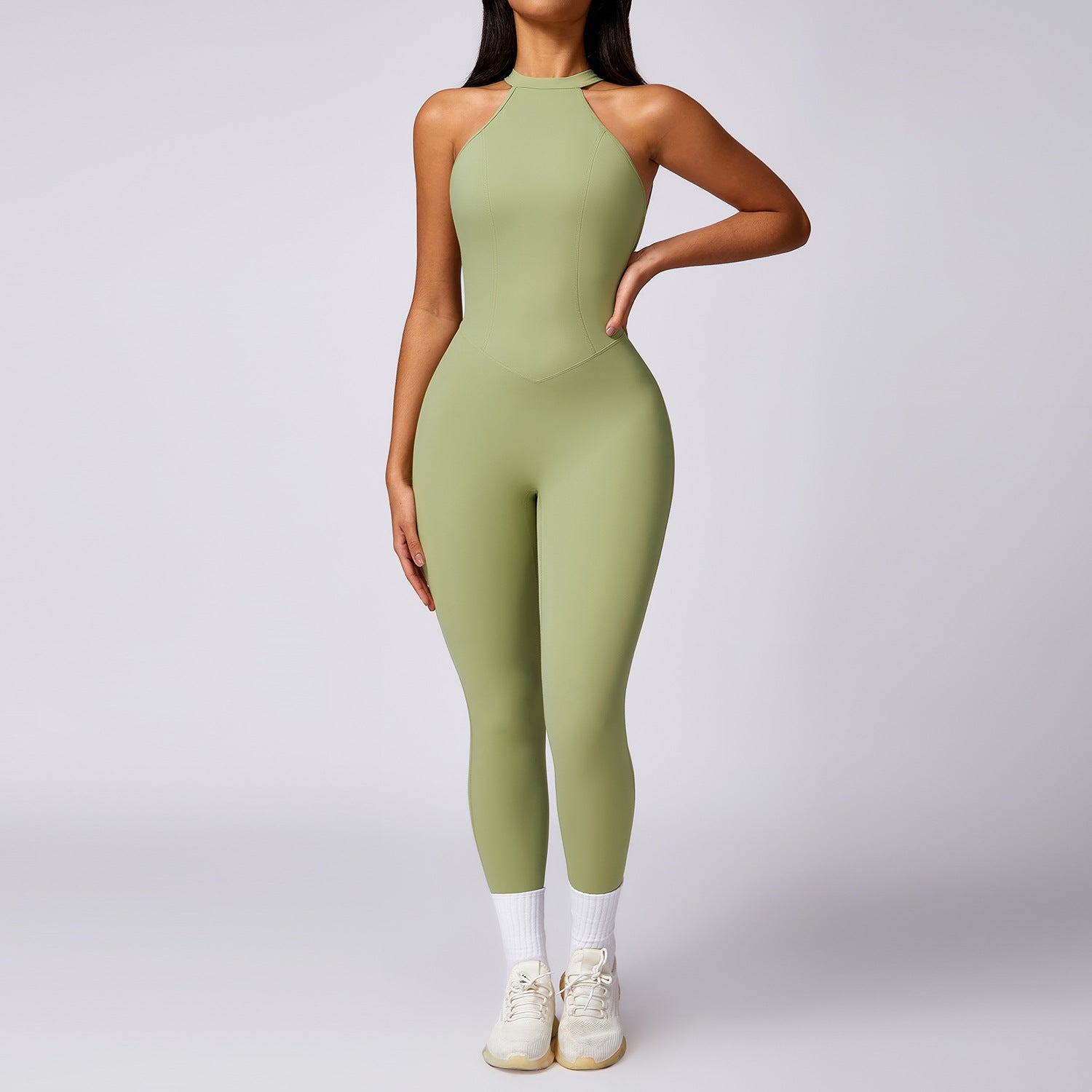 Sleek olive-green Langry fashion yoga jumpsuit for hip raise