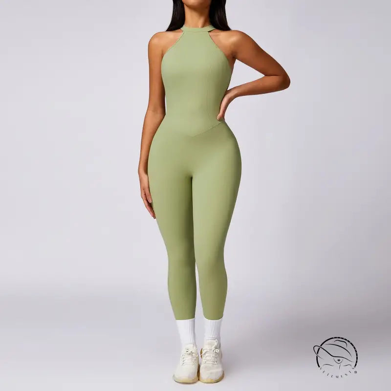 Sleek olive-green langry fashion yoga jumpsuit for hip raise, stretchy one-piece