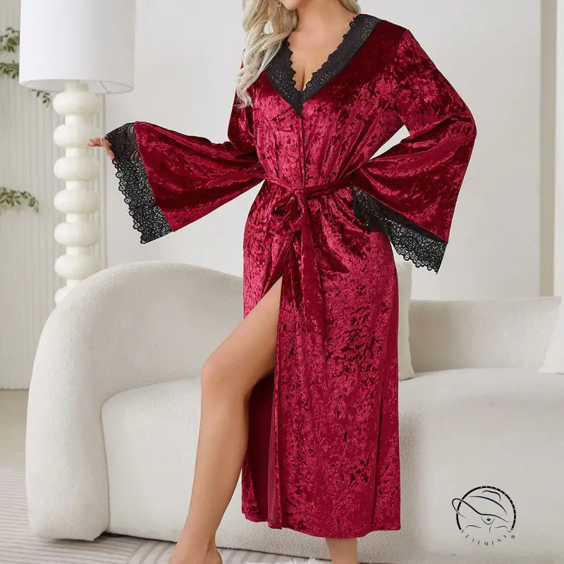 Lengthened red velvet bathrobe with black lace trim, light luxury home wear