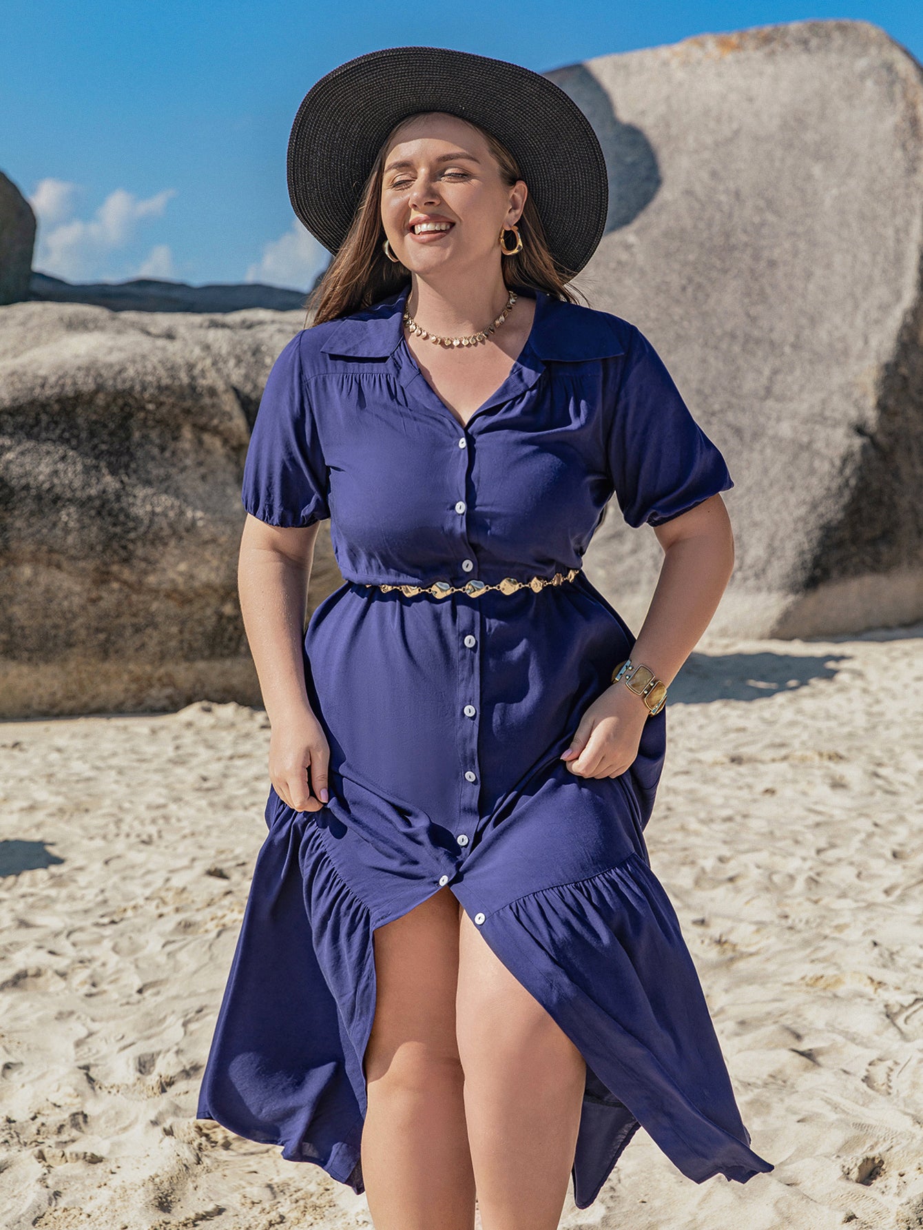 Navy blue Bohemian loose dress with tiered ruffled hem and gold belt for stylish ملابس