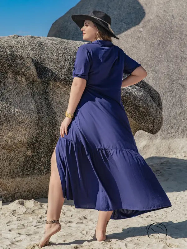 Bohemian langry fashion maxi dress in dark blue with ruffled hem