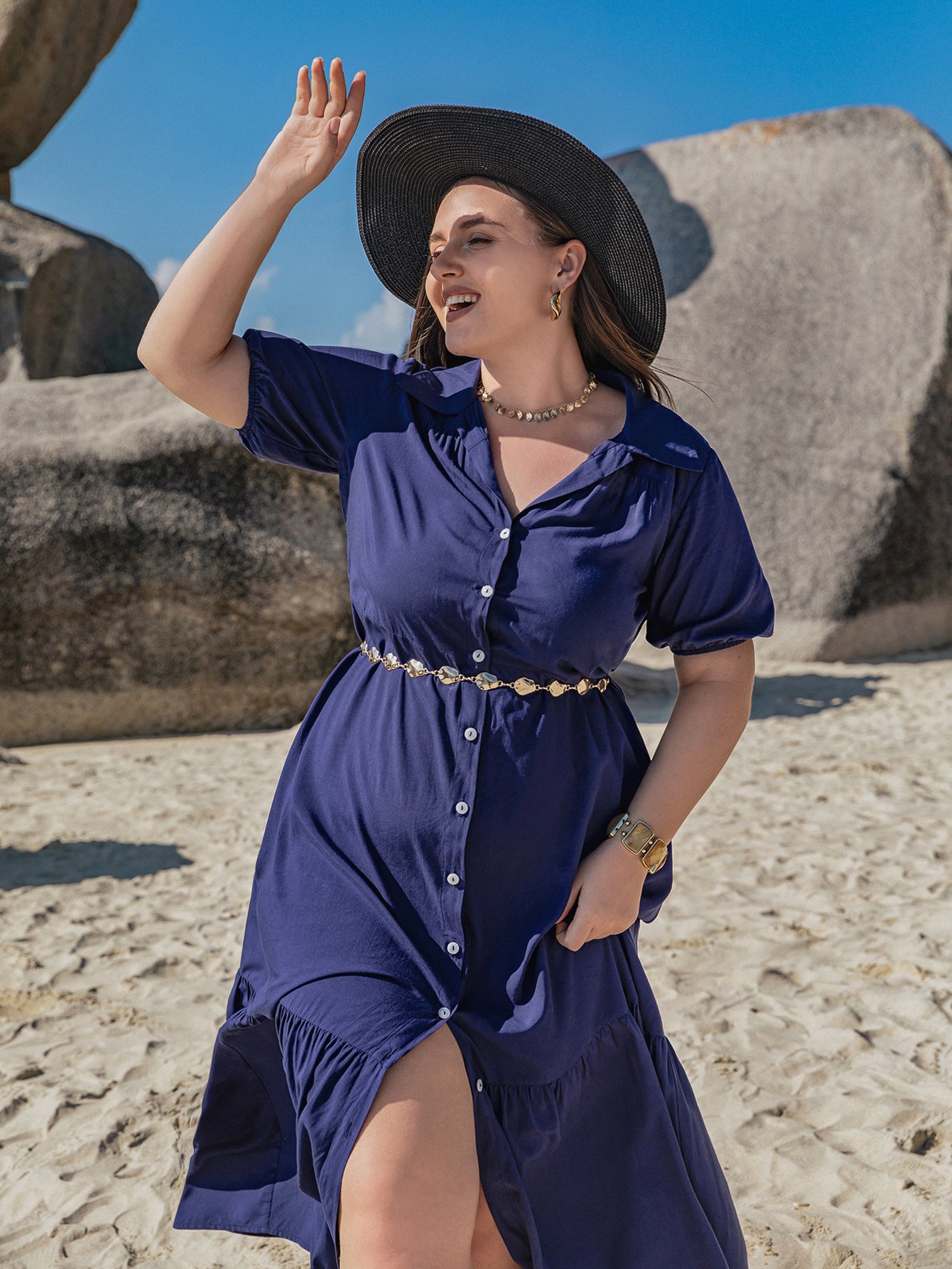 Navy blue Bohemian Mixed Batch Loose Dress with short sleeves, collar, tiered hem, and gold chain belt for stylish langry fashion and ملابس