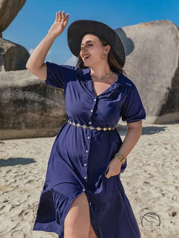 Bohemian navy blue langry shirtdress with gold chain belt, fashion ملابس