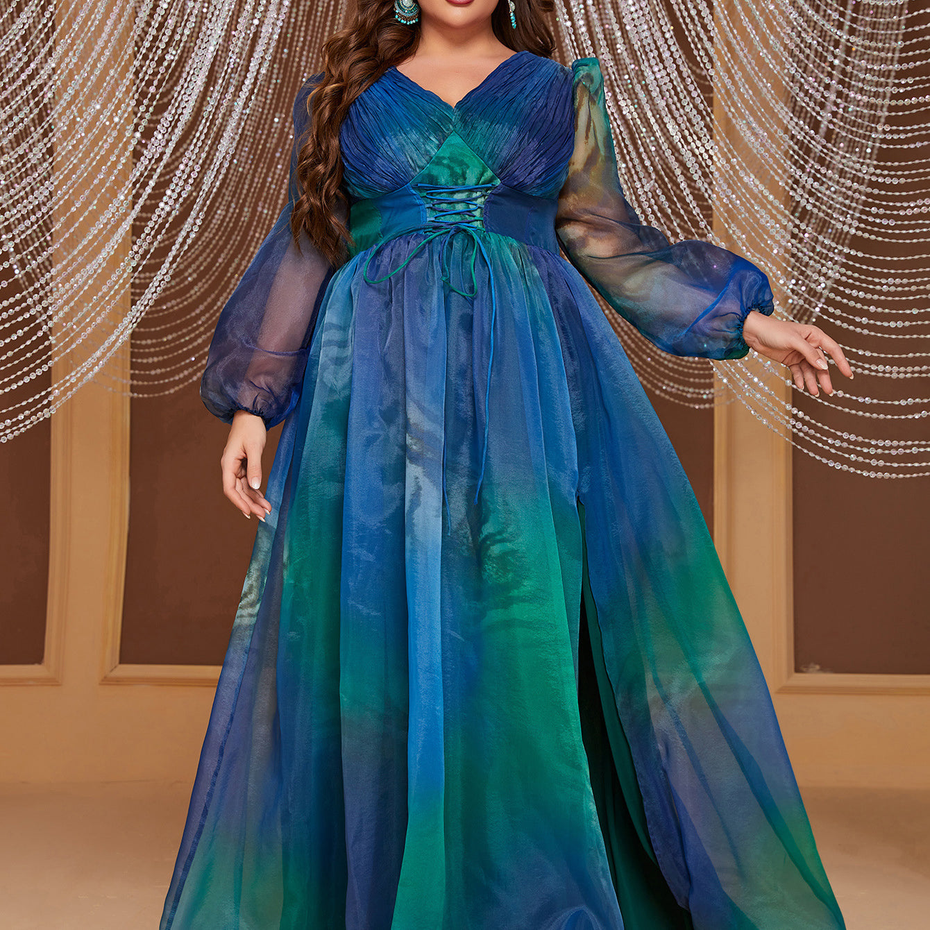 Elegant Peacock Blue Tights Waist Split Dress with sheer balloon sleeves and ombre fashion style