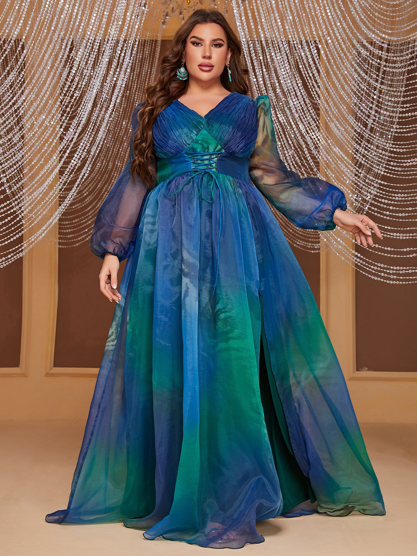 Elegant Peacock Blue Tights Waist Split Dress with sheer balloon sleeves and ombre fashion style