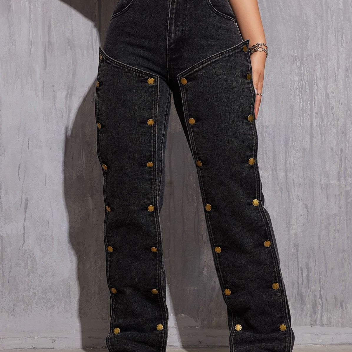 Women’s black denim cargo pants with gold button-down sides, hip hop style, langry design