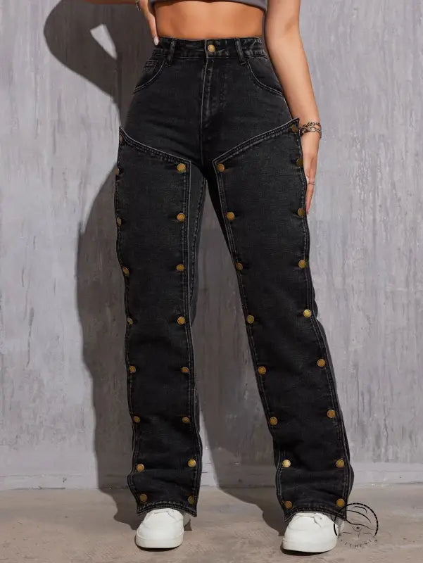 Women’s black denim hip hop cargo pants with gold button-down sides