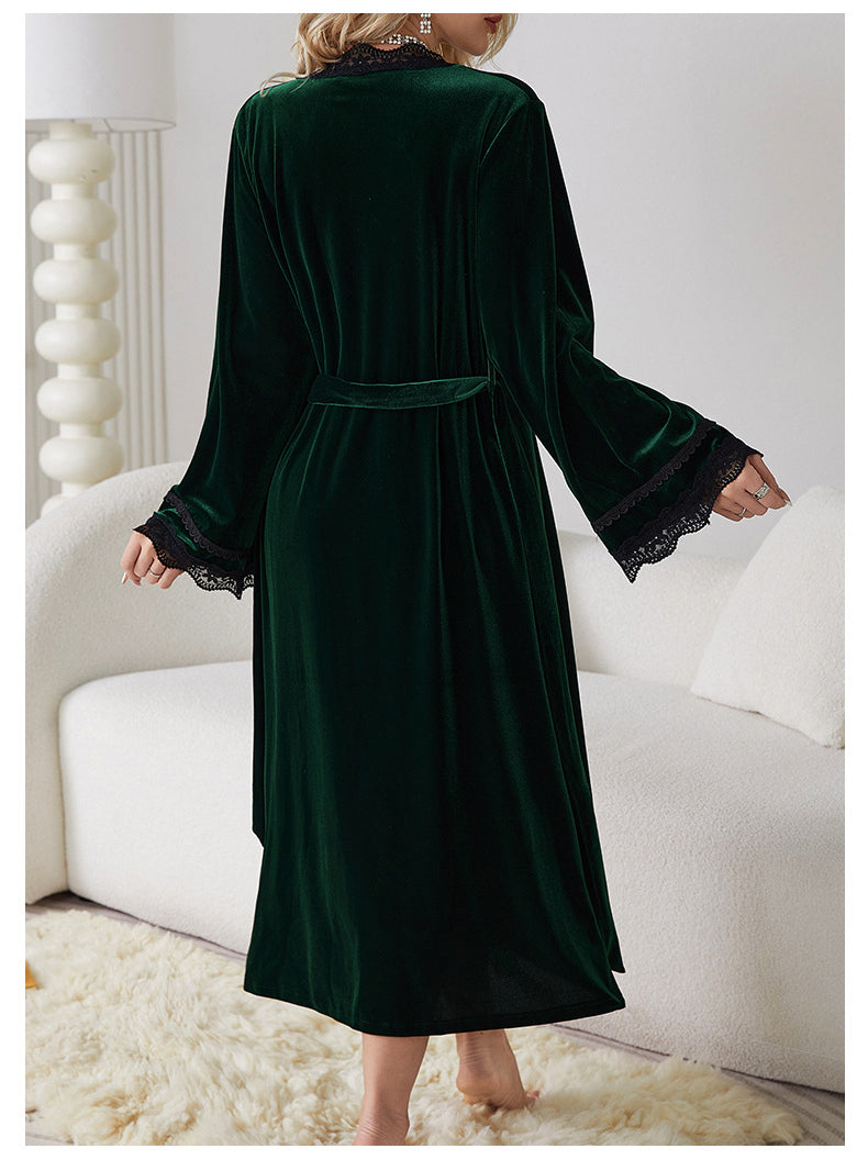 Emerald green velvet langry nightdress with black lace trim