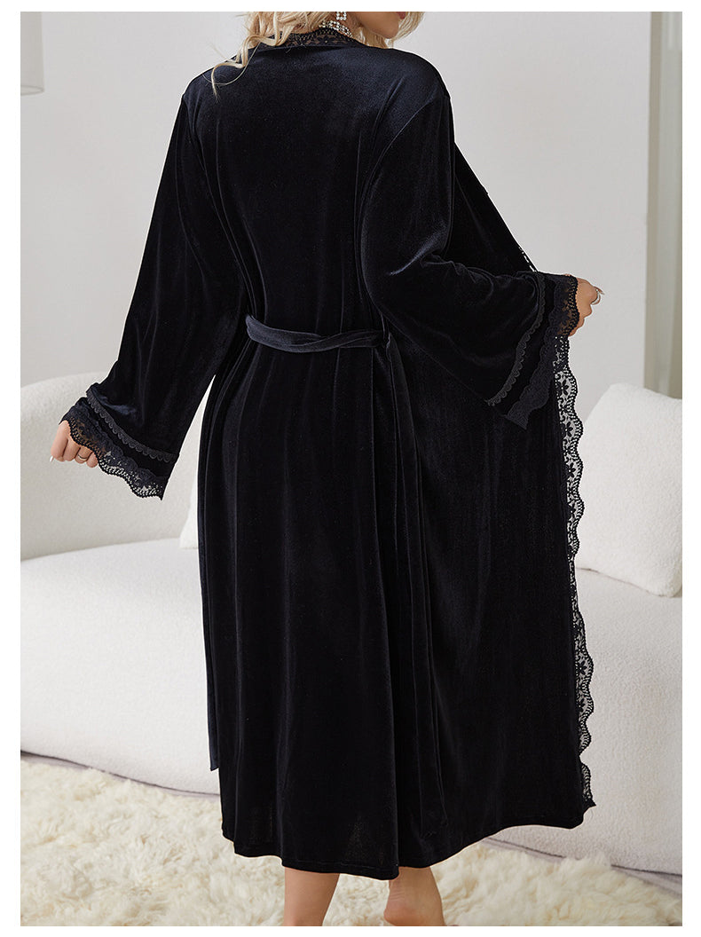 Black velvet langry robe with lace trim, slit backless fashion nightdress