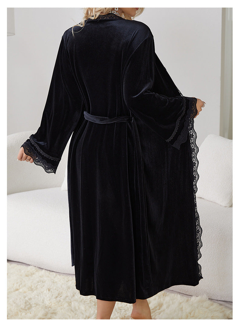 Black velvet langry robe with lace trim, slit backless fashion nightdress