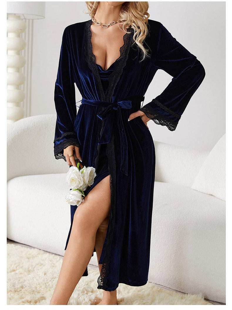Langry fashion navy blue velvet nightdress with black lace trim
