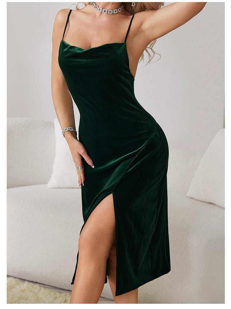 Emerald green langry fashion velvet slip dress with high slit
