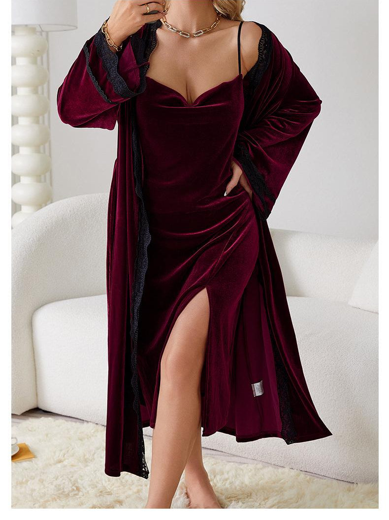Luxurious burgundy velvet robe with black lace trim, langry fashion nightdress