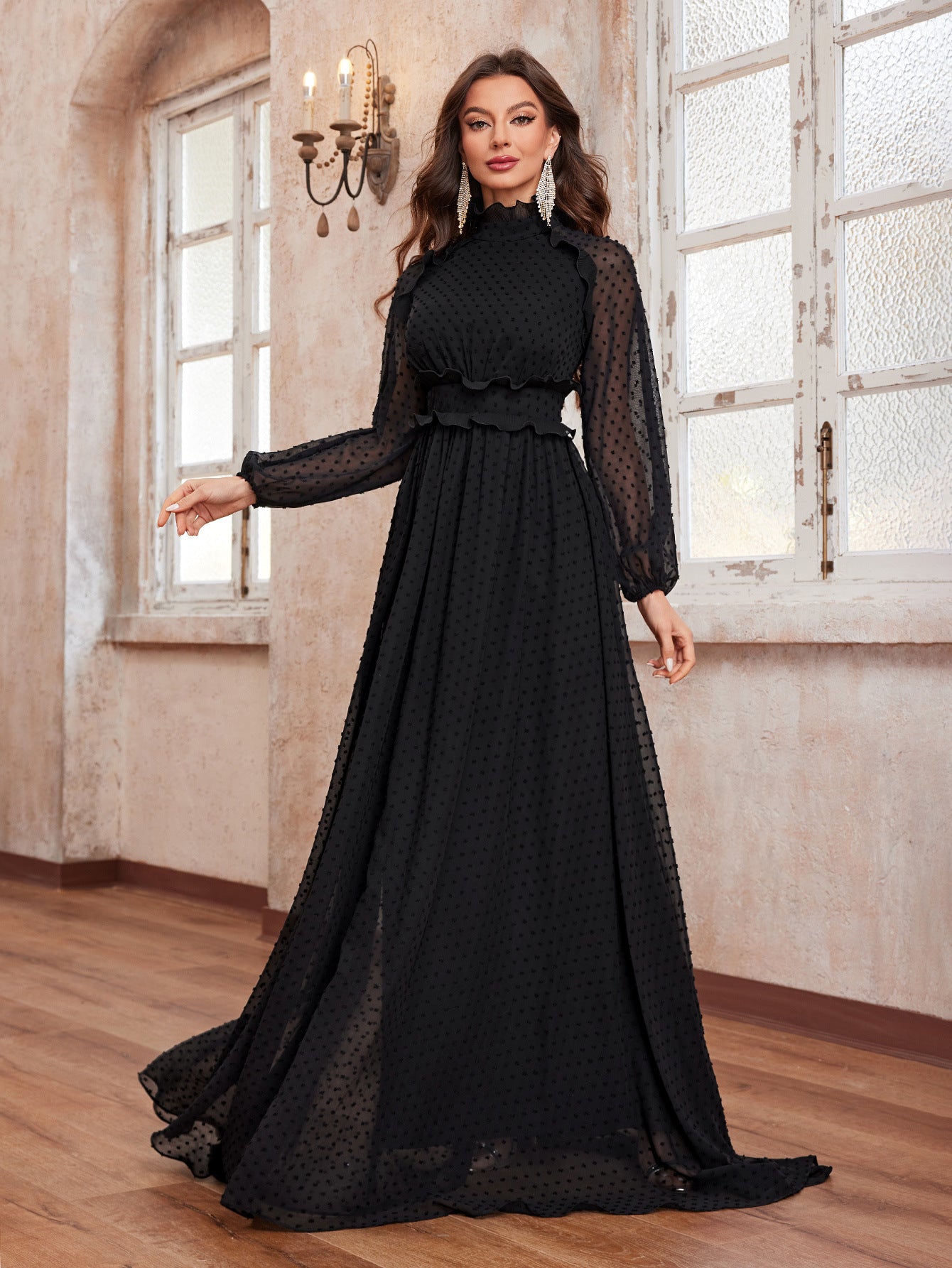 Women chiffon long dress with wooden ear high collar and ruffled high neck detail