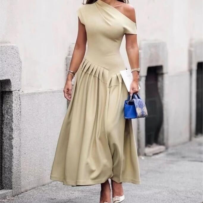 Elegant one-shoulder beige dress from Langry, perfect for spring summer fashion ملابس