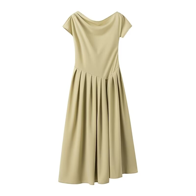Khaki midi dress with pleated skirt for elegant spring summer women fashion outfits