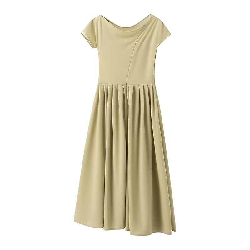 Khaki midi dress from Langry, an elegant turtleneck pleated fashion for women