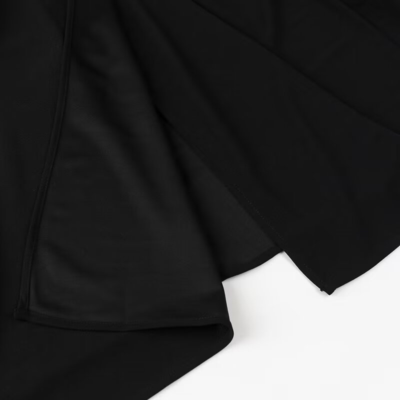 Black flowing fabric of Langry Spring Summer dress, elegant turtleneck, and pleated design