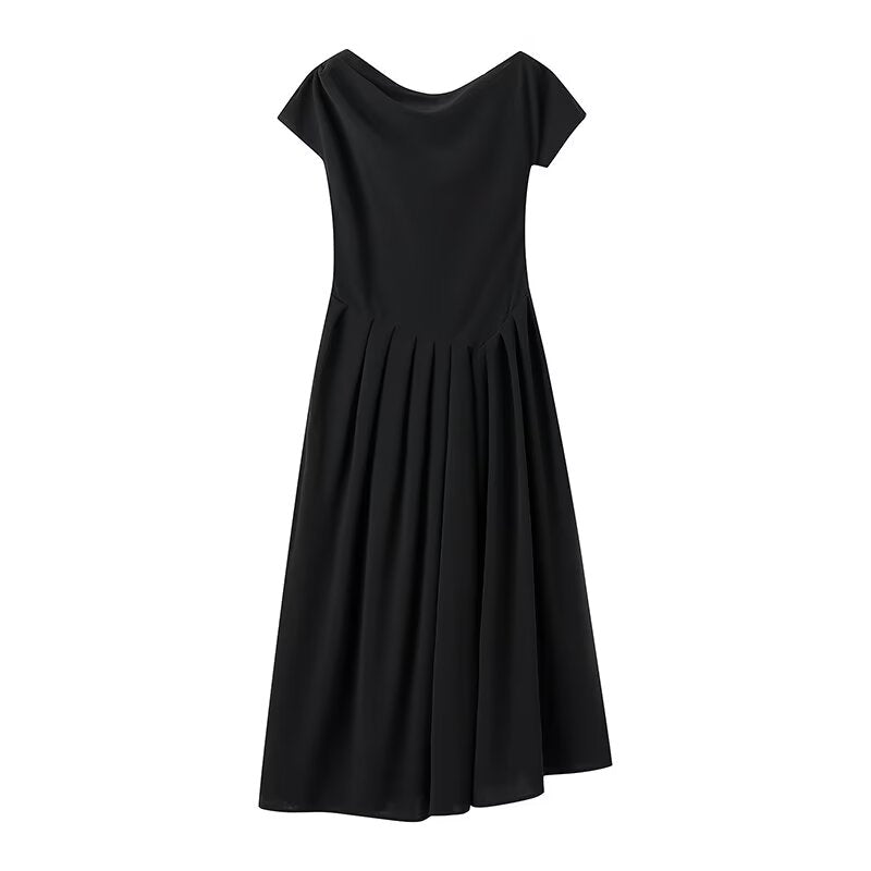 Elegant black midi dress with pleated skirt for women’s spring summer fashion ملابس