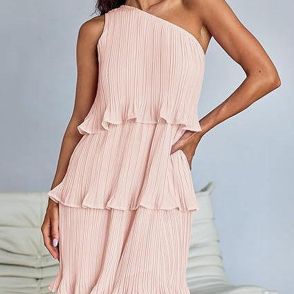 Pink pleated sleeveless dress with layered stitching and stunning shoulder detail