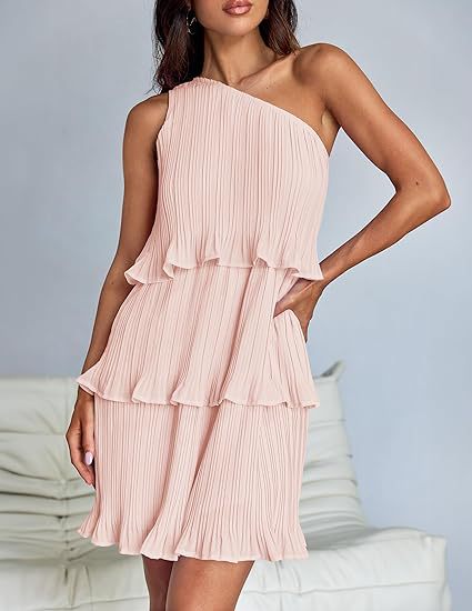 Pink pleated sleeveless dress with layered stitching and stunning shoulder detail