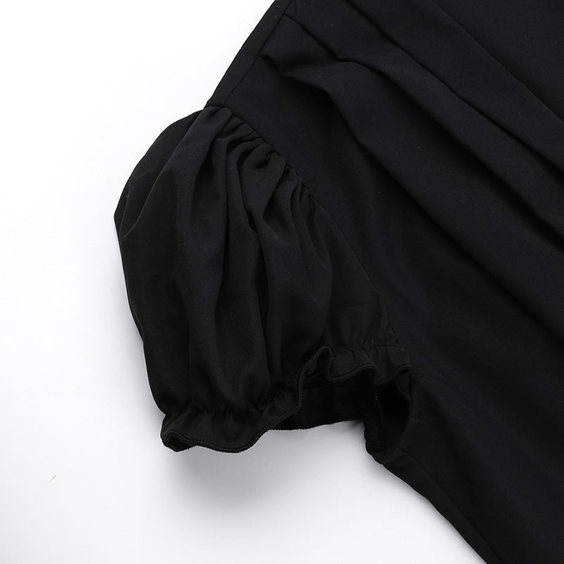 Graceful puff sleeve black ruffled blouse with tight elastic waistband