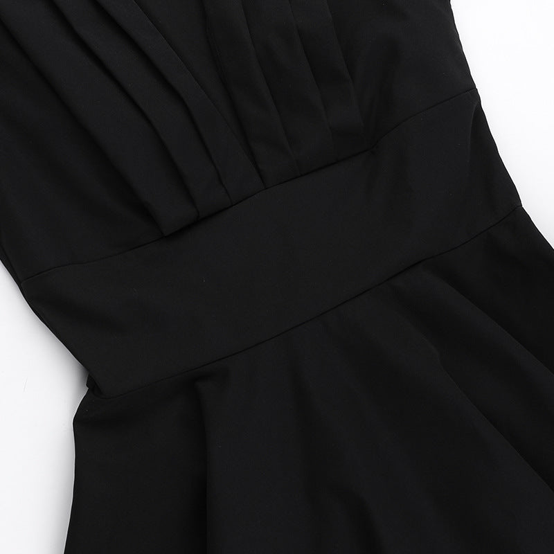 Graceful puff sleeve waist tight black pleated dress with fitted bodice