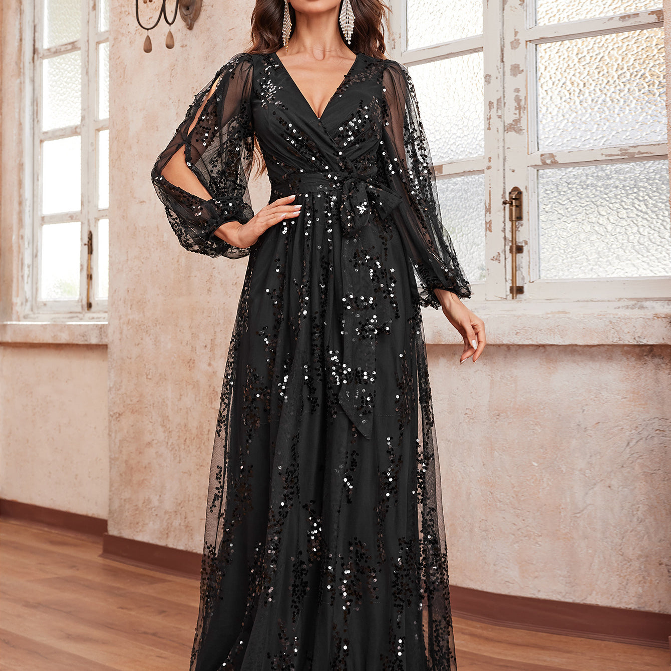 Elegant ladies evening dress with long sleeves, V-neck sequined maxi design