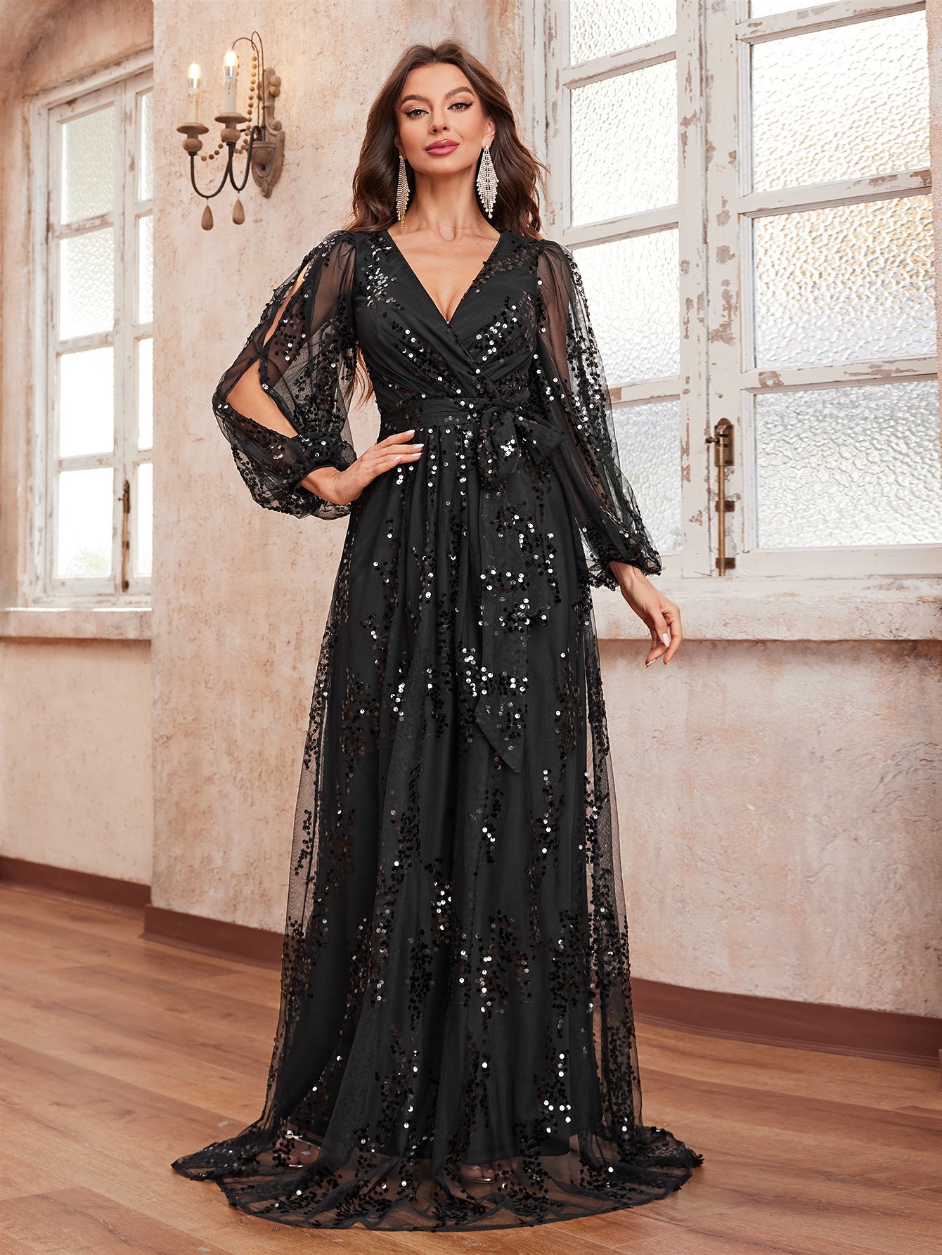 Elegant ladies evening dress with long sleeves, V-neck sequined maxi design