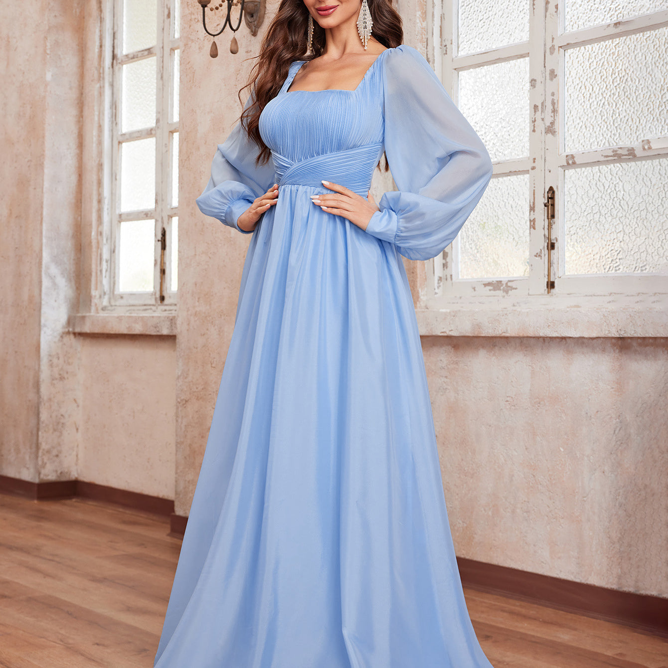 Spring summer women chiffon dress featuring lantern sleeves and a square neckline