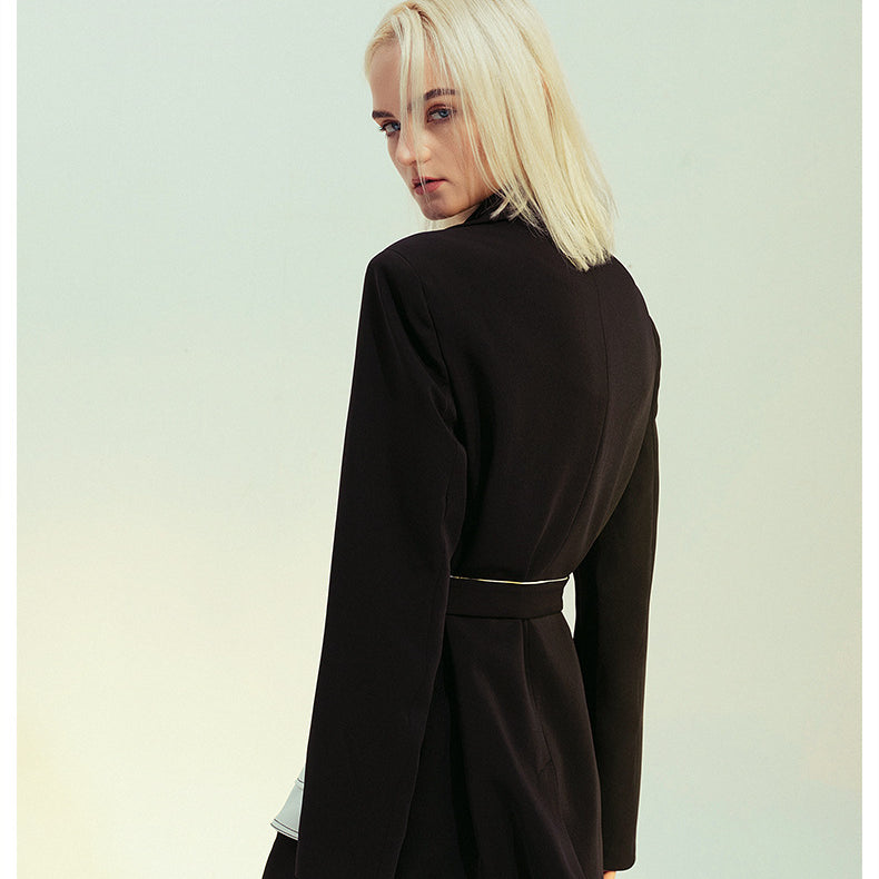 Elegant Black White Retro Blazer featuring a black belt, perfect for stylish fashion looks