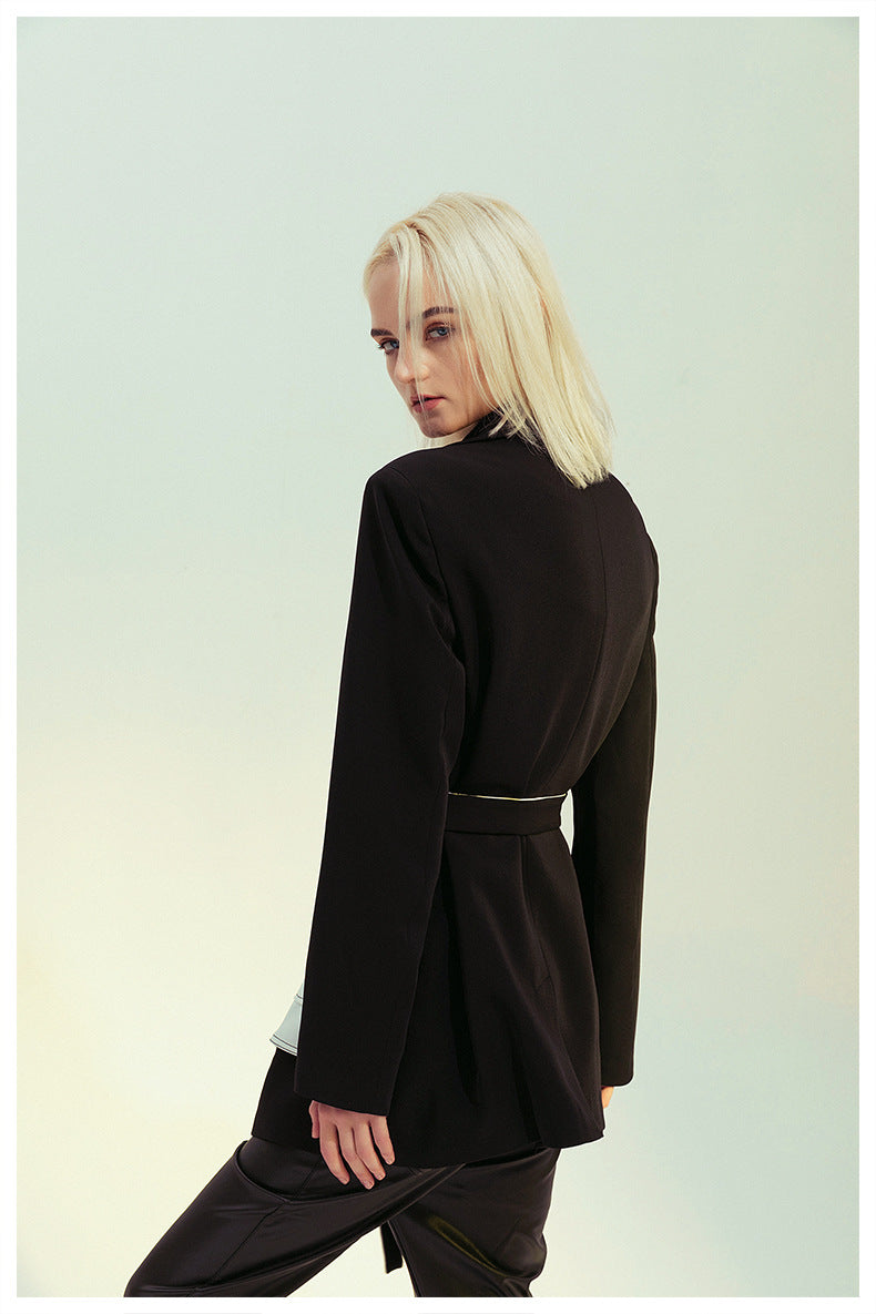 Elegant Black White Retro Blazer featuring a black belt, perfect for stylish fashion looks