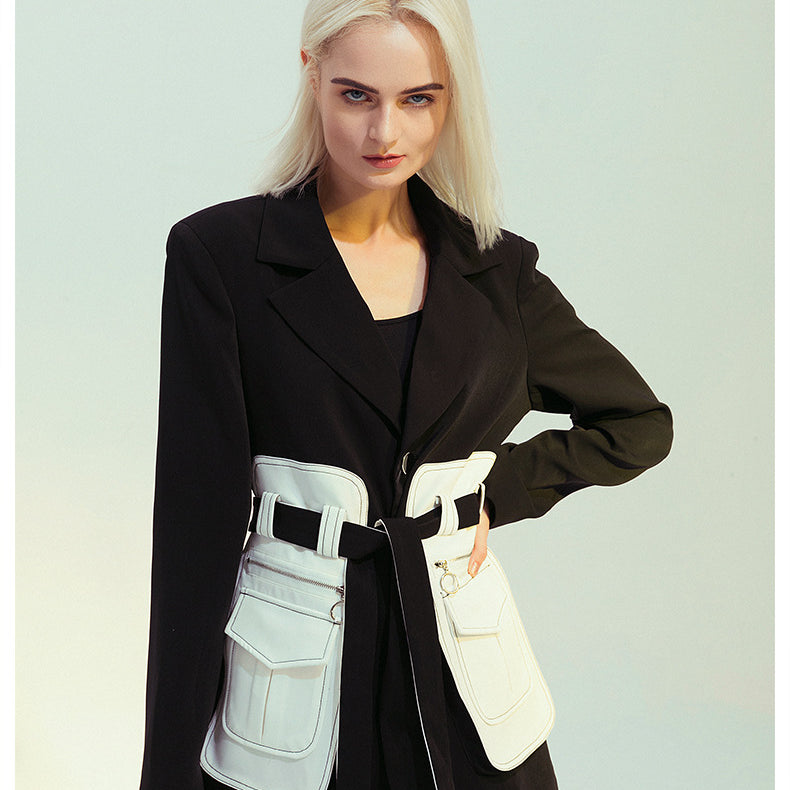 Elegant black and white retro blazer featuring a stylish utility belt for fashionable ملابس