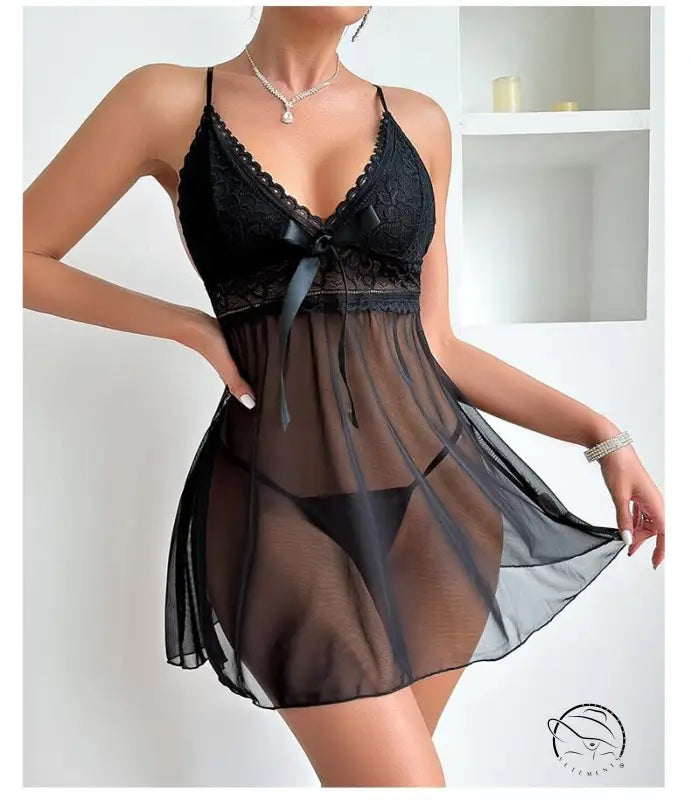 Mesh See Through Pajamas Lace Slip Nightdress Women Home Wear
