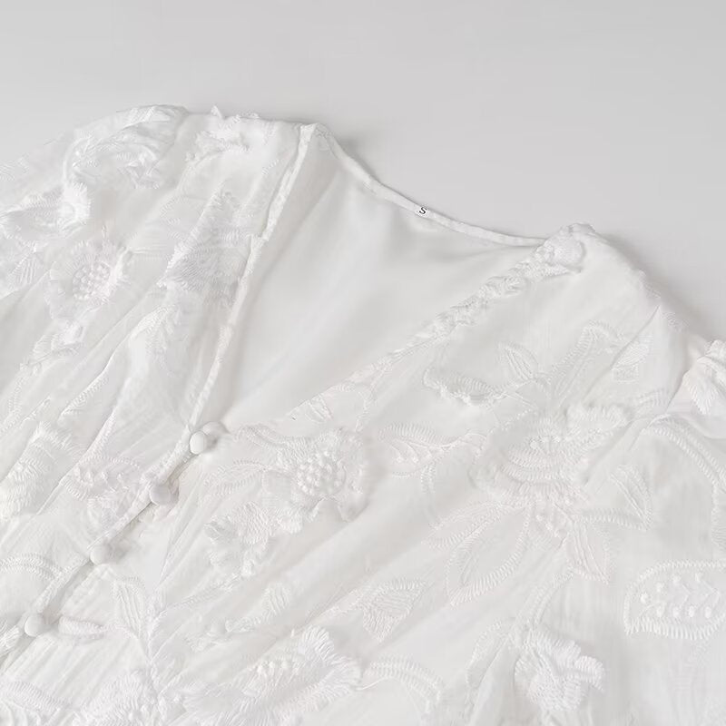 White lace blouse with buttons featured in Fairy Retro French V Neck Maxi Dress for women