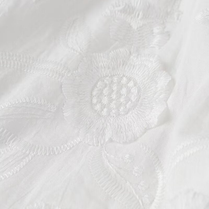 White floral embroidered fabric on Fairy Retro French V Neck maxi dress for women’s fashion