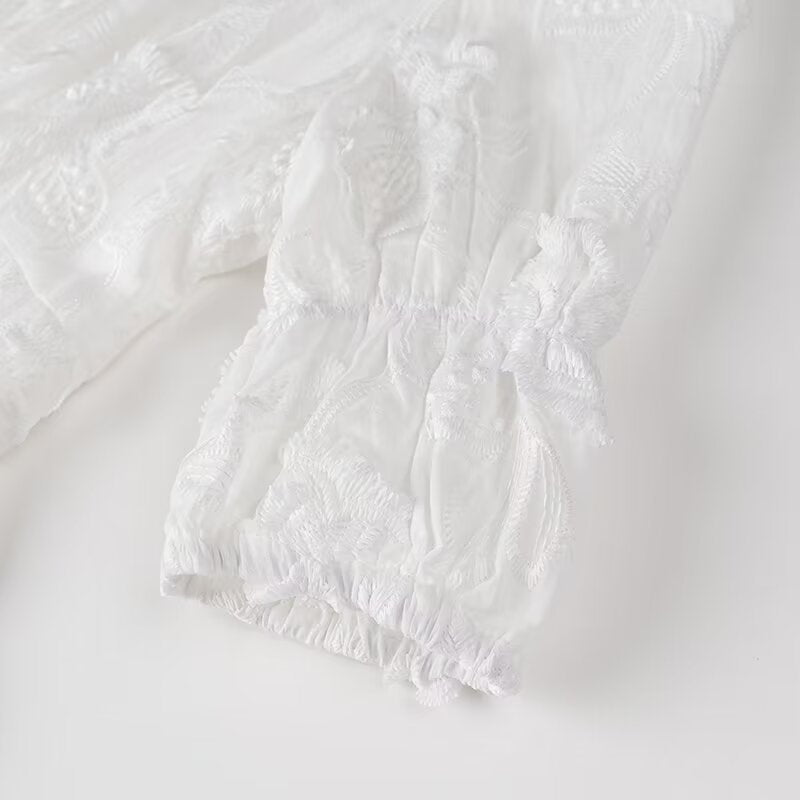 White gathered sleeve detail on Fairy Retro French V Neck Maxi Dress for women’s fashion