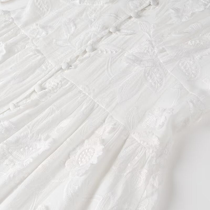 White textured fabric with ruffles and buttons on Fairy Retro French V Neck Maxi Dress