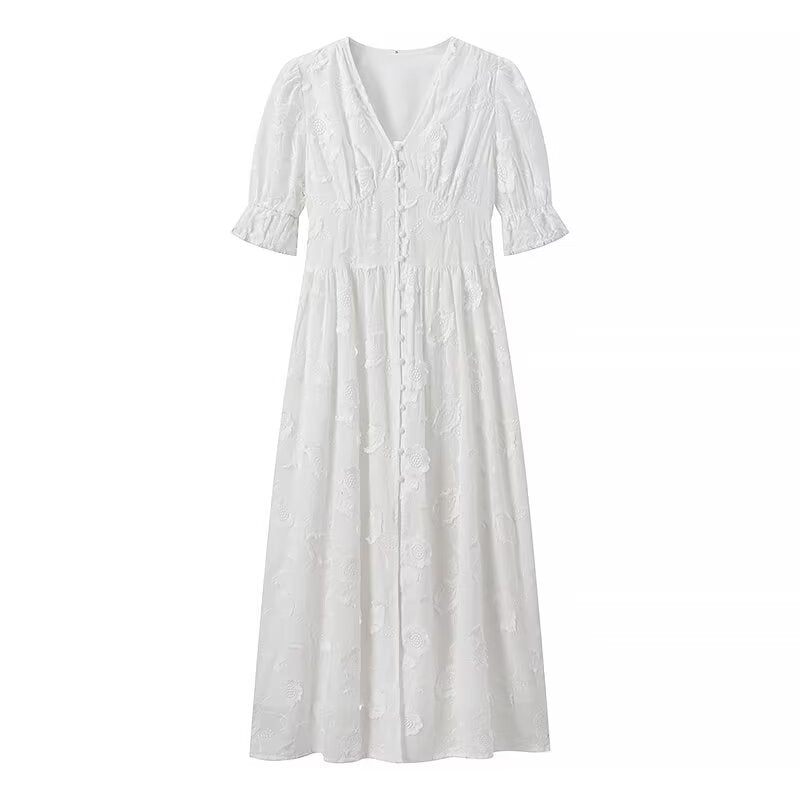 White button-down midi dress, stylish maxi dress for elegant women’s fashion
