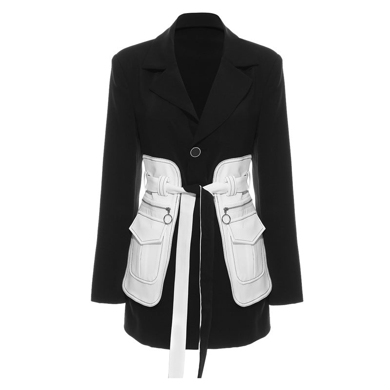Elegant Black White Retro Blazer showcasing stylish fashion with a utility belt and ملابس style