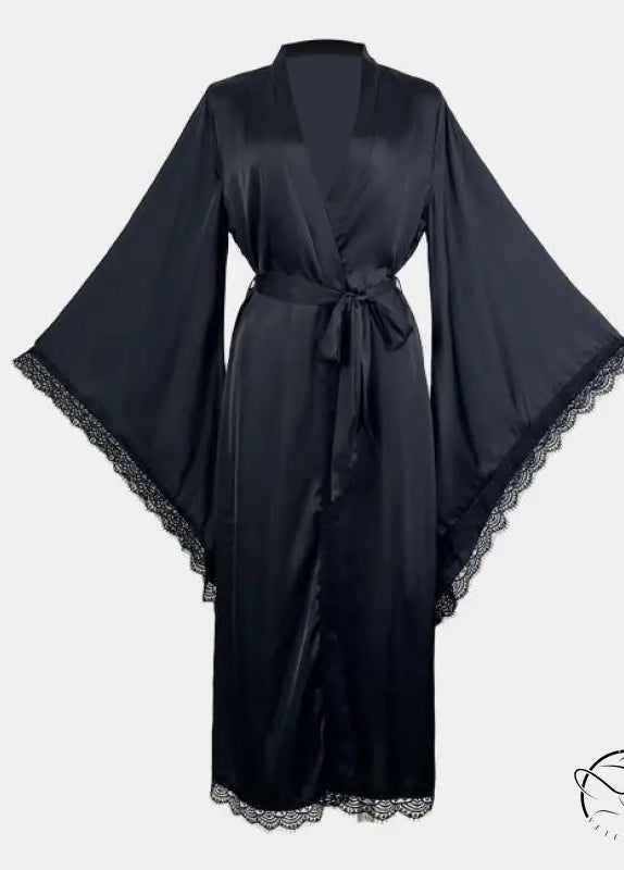 Black satin long sleeve nightgown with lace trim on sleeves and hem