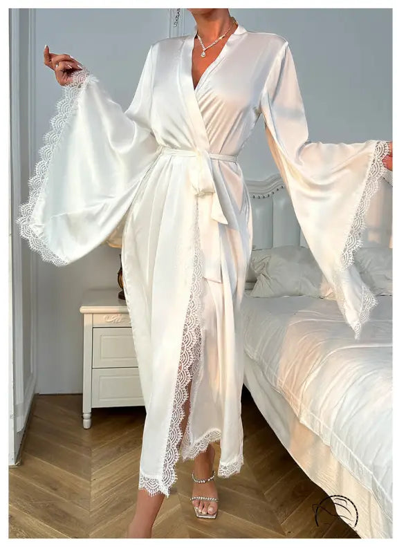 Elegant long sleeve white satin nightgown with lace trim