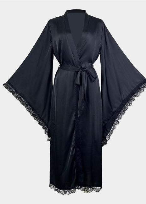 Black satin long sleeve nightgown with lace trim