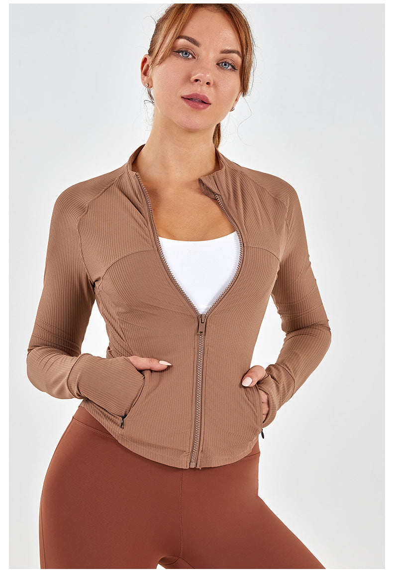 Stand Up Collar Slim Fit Yoga Clothes Women High Elastic Soft Thread Zipper Pocket Workout