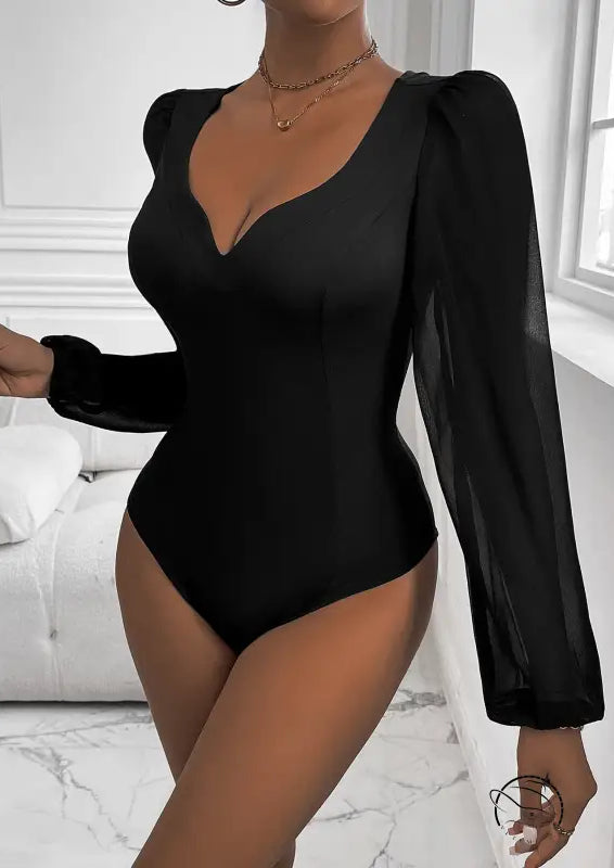 Women Clothing Black Mesh Stitching v Neck Jumpsuit