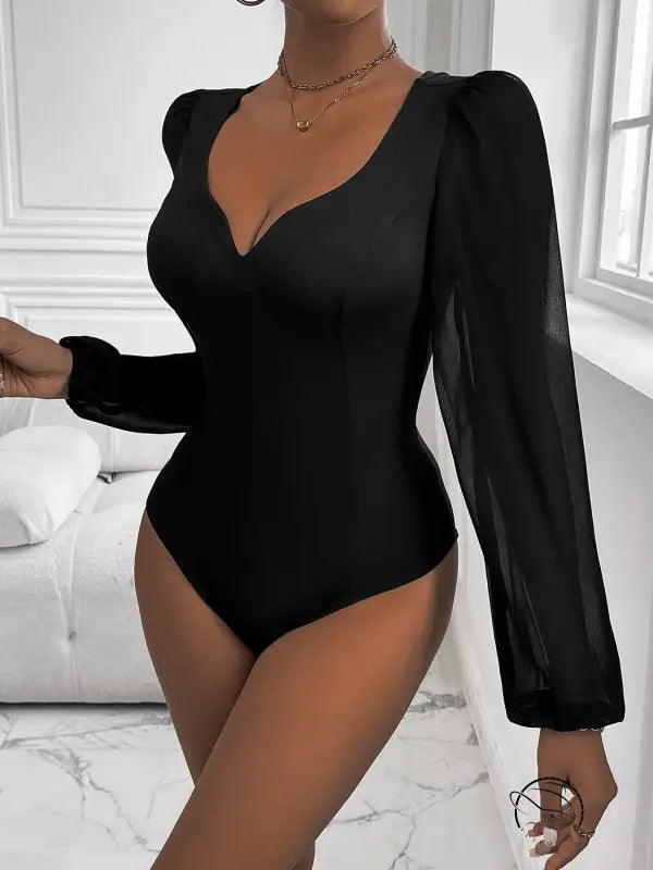 Women Clothing Black Mesh Stitching v Neck Jumpsuit