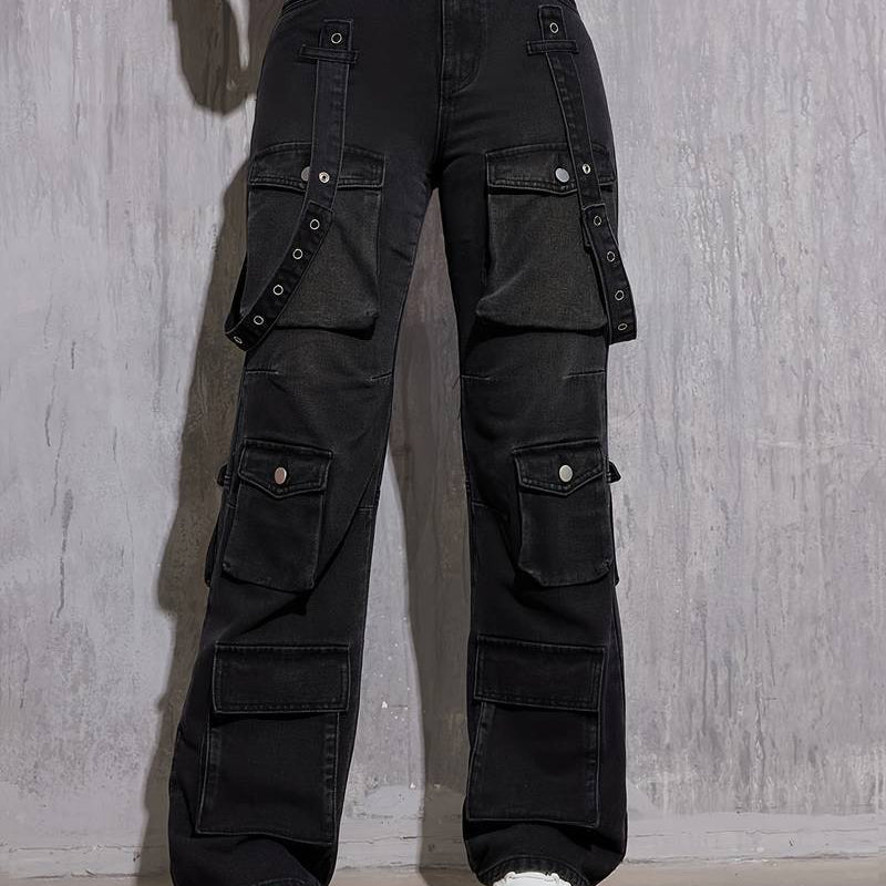 Black high-waisted cargo pants with straps, perfect for hip hop fashion styles