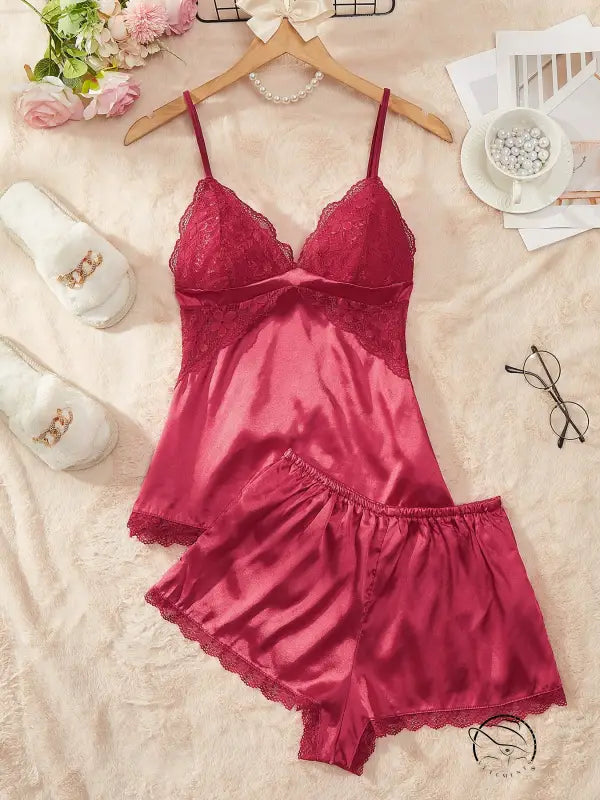 Burgundy artificial silk camisole lingerie with lace and floral embroidery