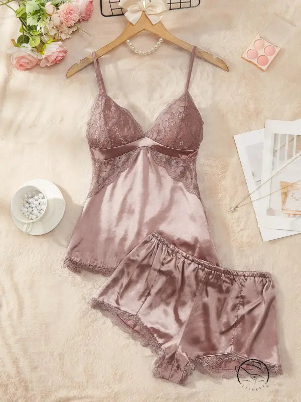 Delicate rose gold artificial silk camisole lingerie set with lace bralette and scalloped shorts
